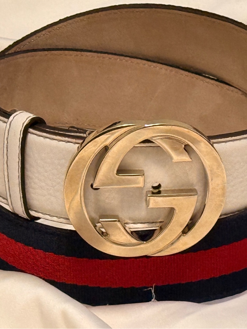 Gucci Red White and Blue Leather Belt with Gold Double G and Red/Blue Web